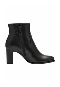 Bottine noire en cuir avec un design épuré, bout carré et un talon bloc de hauteur intermédiaire. Dotée d'une fermeture éclair sur le côté et d'une texture lisse.