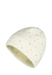 Knitted beanie in cream with a soft texture, featuring a star pattern in gray and peach. Tapered shape with a rolled edge.