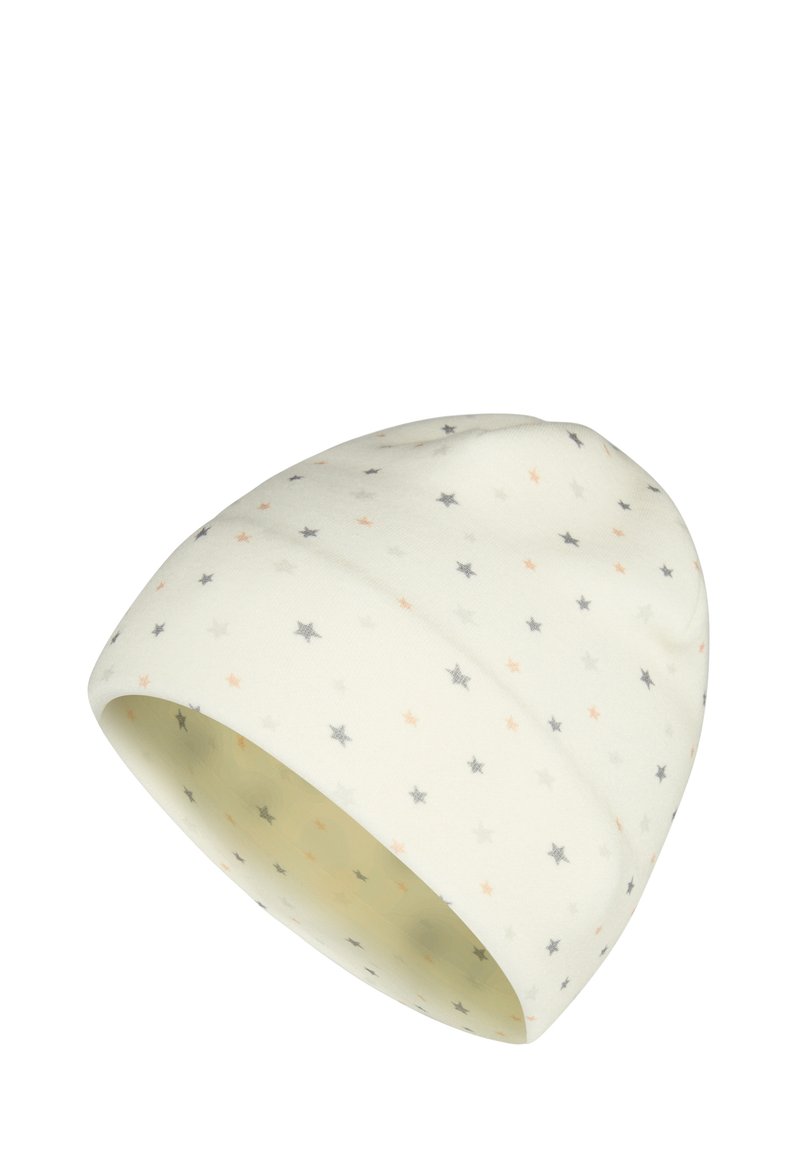 Knitted beanie in cream with a soft texture, featuring a star pattern in gray and peach. Tapered shape with a rolled edge.