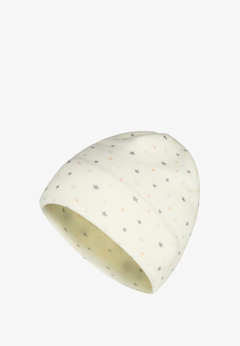 Knitted beanie in cream with a soft texture, featuring a star pattern in gray and peach. Tapered shape with a rolled edge.