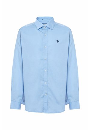 Camicia a maniche lunghe blu chiaro in cotone, con chiusura a bottoni frontale, colletto appuntito e piccolo logo ricamato sul petto.