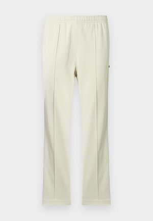 Lichtcrèmekleurige broek gemaakt van zachte stof, met een elastische tailleband, een krijtstreepdesign en rechte pijpen met lichte uitlopende zoom.