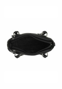 Zwarte leren handtas met een gestructureerd ontwerp, twee ritsen aan de bovenkant, verstelbare riemen en een zachte, gevoerde binnenkant.