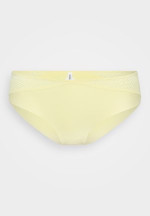 Geel katoenen bikini-ondergoed met een mesh kant tailleband. Heeft een zachte textuur en een klassieke snit, geschikt voor dagelijks gebruik.
