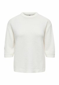 Pull tricoté blanc à manches courtes avec encolure ronde. Tissu texturé avec une coupe légèrement ample et poignets et ourlet côtelés.
