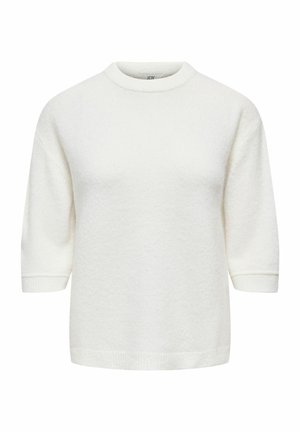 Balts, īsām piedurknēm adīts džemperis ar apaļu kakla izgriezumu. Faktūrēts audums ar nedaudz vaļīgu piegriezumu un ribām apstrādātām aprocēm un apakšu.