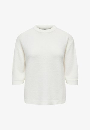 White, short-sleeve knitted sweater with a round neckline. Textured fabric with a slightly loose fit and ribbed cuffs and hem.