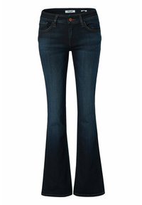 Jeans acampanados de mezclilla azul con diseño de cinco bolsillos, lavado medio, costuras naranjas en contraste y cierre frontal con botón.
