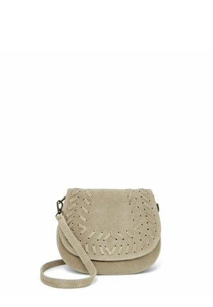 Sac bandoulière en suedine beige clair avec coutures décoratives ajourées et bandoulière réglable, présenté sur fond blanc.