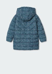 Padded teal coat with a floral pattern, featuring a hood and a straight cut. The back is textured with quilted sections for insulation.