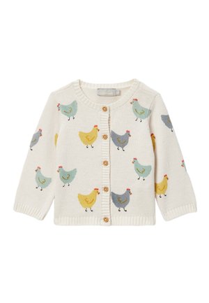 Cardigan bébé de couleur crème avec des boutons en bois et un motif de poulets dans des tons jaunes, bleus et gris.