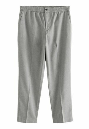 Graue Hose aus einem strukturierten, leichten Stoff. Mit einem elastischen Bund, einem vorderen Knopf und seitlichen Taschen. Gerade Beinform.