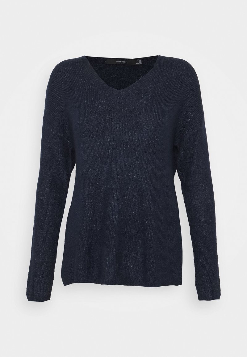 Pull en maille bleu marine à manches longues et col en V, confectionné dans un tissu doux et texturé, présenté sur un fond blanc.