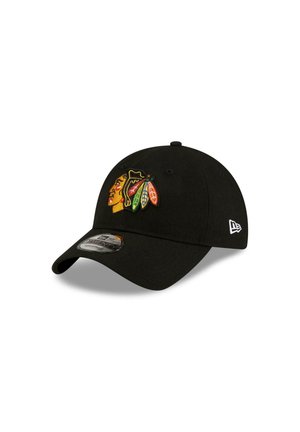Black baseball cap made of fabric, featuring a colorful embroidered logo on the front. Curved brim and a structured design, size tag visible.