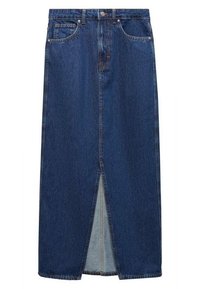 Tummansininen farkkuhame, jossa on edessä halkio. Perinteinen malli, jossa on viisi taskua ja nappikiinnitys vyötäröllä.