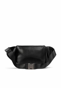 Marsupio in pelle nera con una texture liscia, forma rettangolare, tracolla regolabile e dettaglio con chiusura metallica.