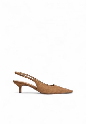 Svetlohnedé semišové lodičky na remienku s ostrou špičkou a nízkym širokým podpätkom. Sú vybavené nastaviteľným remienkom so sponou na zapínanie. Hladká textúra.