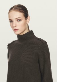Pullover lavorato a maglia marrone scuro con collo alto, dotato di bottoni sulle spalle e un motivo testurizzato. Il tessuto sembra spesso e caldo.
