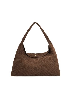 Sac à main tissé marron au design décontracté et à une seule poignée. Doté d'une fermeture à pression et d'une surface texturée et douce.