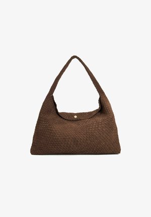 Brown woven handbag with a slouchy design and a single handle. Features a press-stud closure and a textured, soft surface.