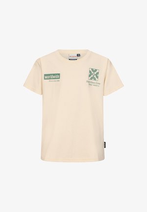 Beżowy T-shirt z krótkim rękawem z zielonym napisem "worldwide Driven since 1969" oraz "Good Vibes Crew Retour Jeans" na piersiach.