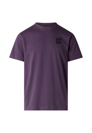 Purple cotton t-shirt with a round neck and short sleeves; features a black rectangle logo on the left chest area. Soft texture.