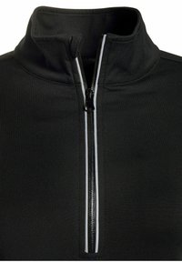 Schwarzer Pullover mit einem halbseitigen Reißverschlussdesign. Verfügt über einen hohen Kragen und einen weißen Akzentstreifen entlang des Reißverschlusses für den Kontrast. Glattes, dehnbares Material.