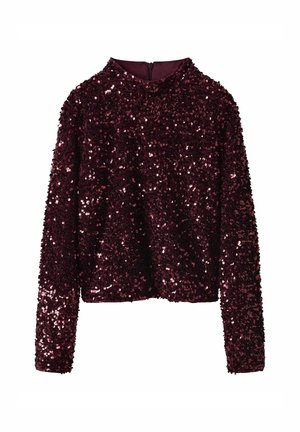 Bordeauxfarvet langærmet top dækket af palietter, med høj hals og lynlås bagpå. Glat indvendigt for og cropped design.