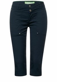 Marinblå korta byxor i lätt material, med dubbelknäppning, framfickor och detaljer i silverfärg.