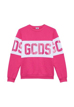 Felpa rosa in cotone con una fascia bianca e grandi lettere "GCSD". Girocollo, maniche lunghe, polsini e orlo a coste.