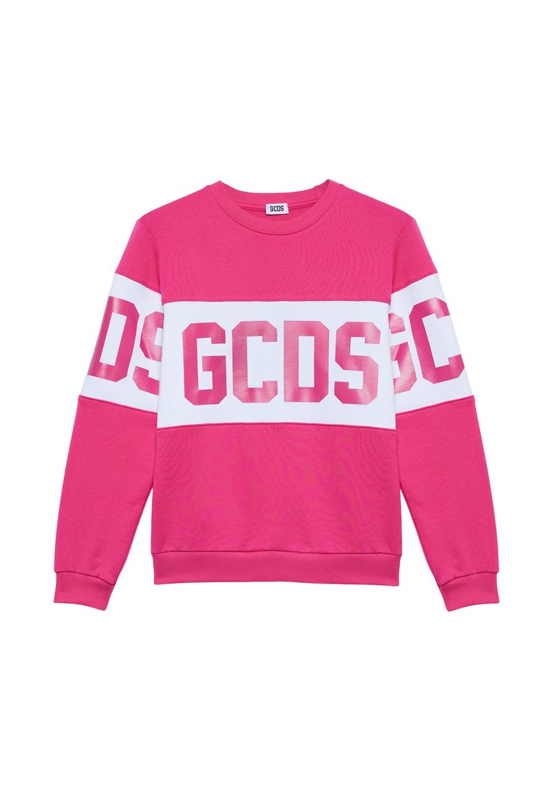 Rosa Baumwoll-Sweatshirt mit einem weißen Streifen und großen "GCSD" Buchstaben. Rundhalsausschnitt, lange Ärmel sowie gerippte Bündchen und Saum.