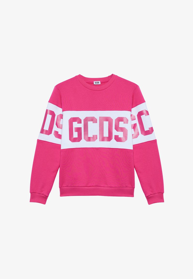 Rosa Baumwoll-Sweatshirt mit einem weißen Streifen und großen "GCSD" Buchstaben. Rundhalsausschnitt, lange Ärmel sowie gerippte Bündchen und Saum.
