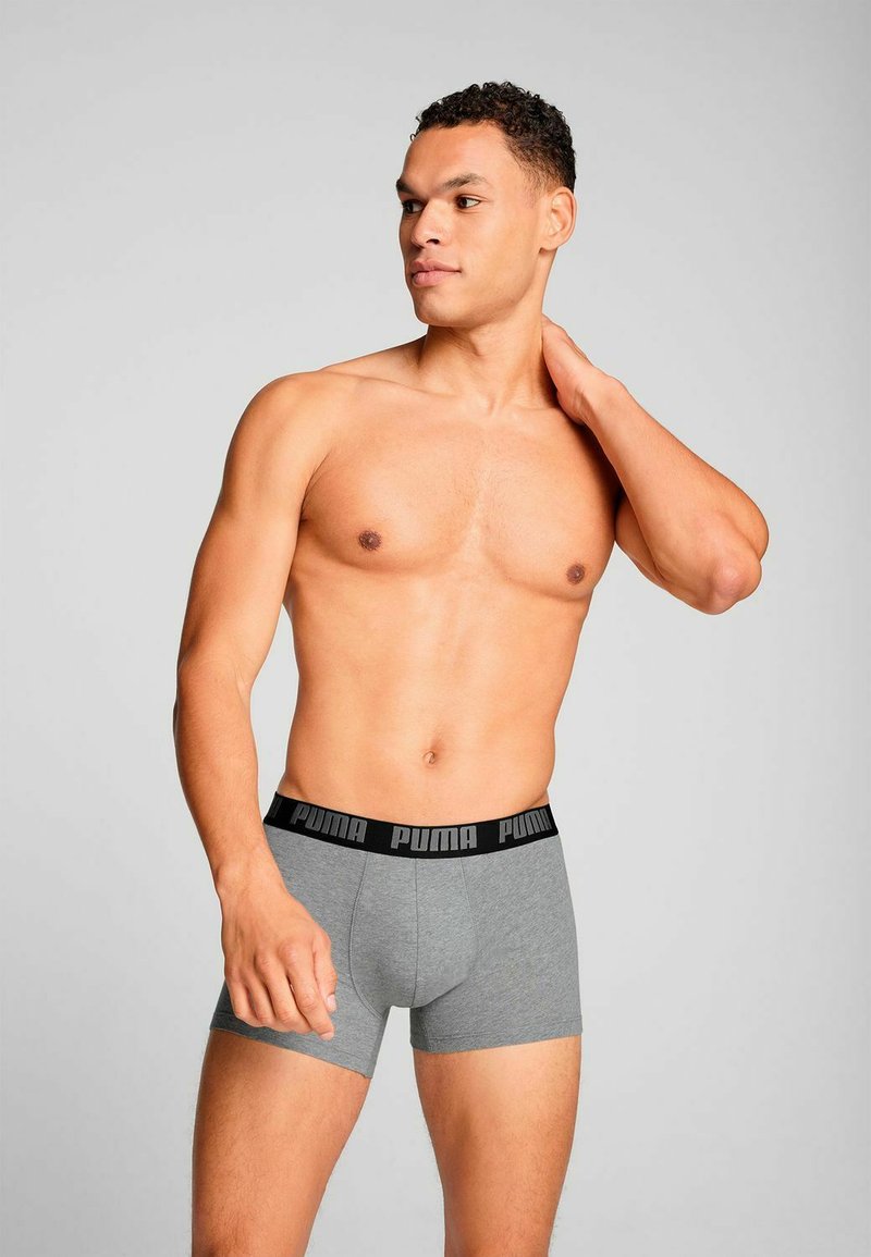 Gray boxer briefs with a black elastic waistband featuring "PUMA" branding. The fabric appears soft and fitted, offering a modern cut.