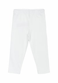 Weiße Leggings aus weichem, dehnbarem Stoff, mit einem elastischen Bund und geradem Schnitt, ohne sichtbare Muster oder Verzierungen.