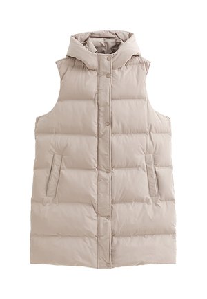 Gilet imbottito beige senza maniche con collo alto, chiusura con bottoni a pressione sul davanti e tasche laterali inclinate, progettato per il calore.