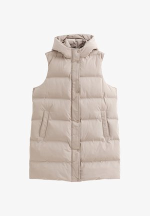 Chaleco acolchado sin mangas de color beige con cuello alto, cierre frontal de botones a presión y bolsillos laterales en ángulo, diseñado para brindar calor.