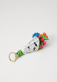 Fargerik nøkkelring med en bukett-design. Håndtaket er grønt, med blomsterdetaljer i blått, oransje, rødt og rosa, samt et trykt kryssordpapir.