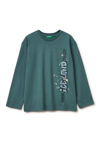 Maglietta a maniche lunghe color teal in cotone, con grafica testuale stilizzata "FROM ICELAND" in nero con schizzi bianchi. Scollo rotondo.