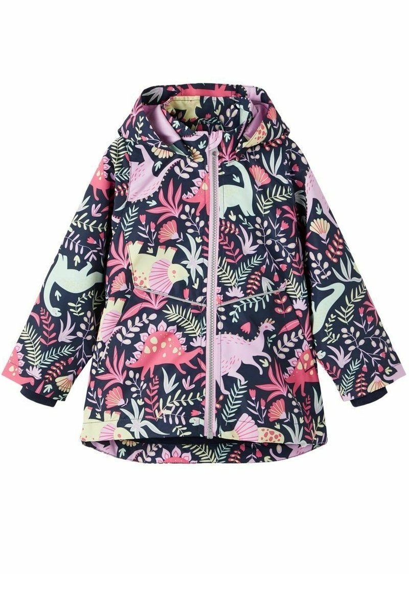Barnens regnjacka med huva, dekorerad med färgglada dinosaurie- och lövmönster på en mörk marinblå bakgrund, med dragkedja fram.