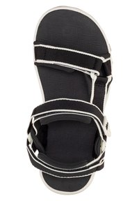 Schwarze Sandale mit strukturiertem Fußbett, weißen Akzenten und verstellbaren Riemen. Verfügt über ein minimalistisches Design aus strapazierfähigen Materialien für Unterstützung.