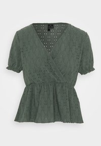 Zelená peplum blůza z texturované bavlny s designem do zavinování, krátkými nabíranými rukávy a otvorovými detaily.