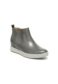 Graue Leder-Ankle-Boots mit elastischen seitlichen Einsätzen, glatter Textur, weißer Gummisohle und einer kleinen Lasche hinten zum einfachen Anziehen.