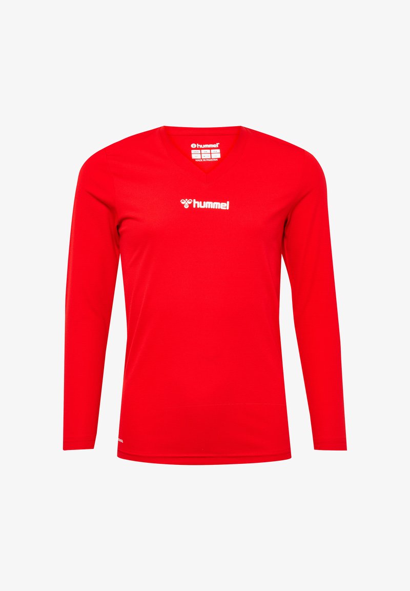 Rode longsleeve shirt van lichtgewicht stof. Voorzien van een V-hals en een logo in het wit op de borst. Gladde textuur zonder zichtbare patronen.