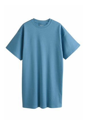 Helles blaues T-Shirt mit kurzen Ärmeln aus Baumwolle, mit Rundhalsausschnitt und lockerer Passform. Glatte Textur ohne sichtbare Muster.