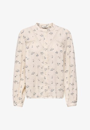 Bluza crem cu mâneci lungi, imprimeu floral mic albastru, nasturi în față, detalii cu dantelă și guler rotund, de la brandul ONLY.