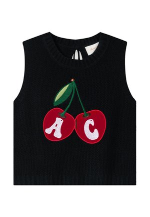 Musta hihaton neulepaita, jossa on kaksi punaista kirsikkaa vihreine varsineen ja lehtineen; jokaisessa kirsikassa on valkoinen kirjain, "A" ja "C".