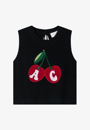 Czarny bezrękawnik z dzianiny z dwoma czerwonymi wiśniami z zielonymi łodygami i liśćmi, na każdej wiśni biała litera: "A" i "C".
