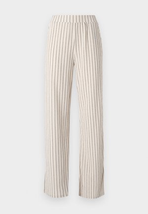 Pantalons larges beiges avec des rayures verticales marines, dotés d'une taille élastique et d'une coupe décontractée. Tissu doux avec une texture subtile.