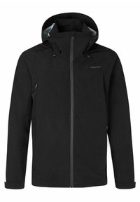 Czarna wodoodporna kurtka z kapturem, z zamkiem błyskawicznym z przodu, dwoma kieszeniami na zamek oraz regulowanymi sznurkami przy kołnierzu.