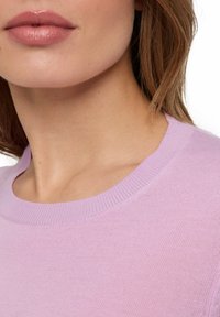 Helllila Strickpullover mit Rundhalsausschnitt und Rippdetails. Weicher Stoff, figurbetonter Schnitt mit glatter Oberfläche. Keine weiteren Muster.